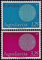 Набор марок (2 шт.). "Европа (C.E.P.T.) 1970 - Пылающее Солнце". 1970 год, Югославия.