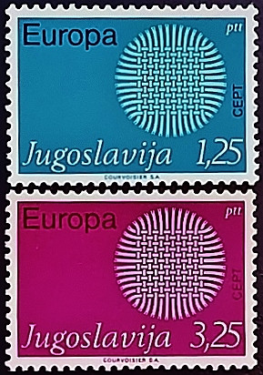 Набор марок (2 шт.). "Европа (C.E.P.T.) 1970 - Пылающее Солнце". 1970 год, Югославия.