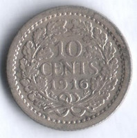 Монета 10 центов. 1916 год, Нидерланды.