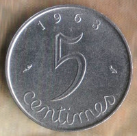 Монета 5 сантимов. 1963 год, Франция.