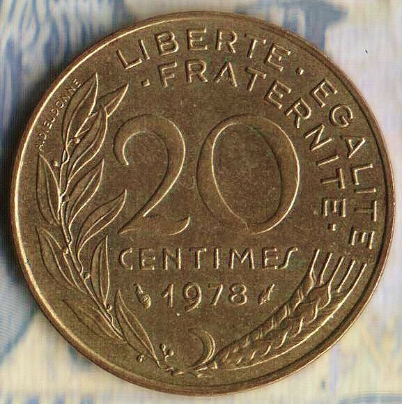Монета 20 сантимов. 1978 год, Франция.