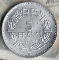 Монета 5 франков. 1947(B) год, Франция. "9" - открытая.