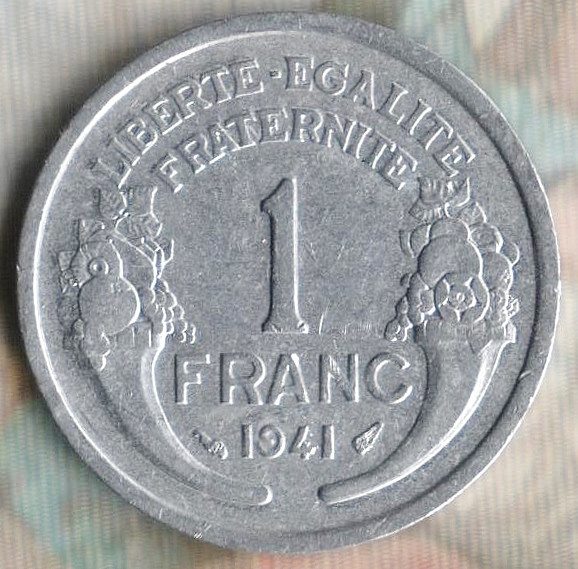 Монета 1 франк. 1941 год, Франция. Облегчённый тип.