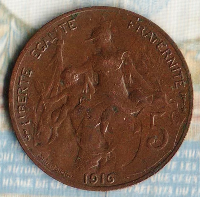 Монета 5 сантимов. 1916 год, Франция. "Звезда" под "Факелом".