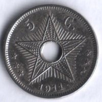 Монета 5 сантимов. 1911 год, Бельгийское Конго.