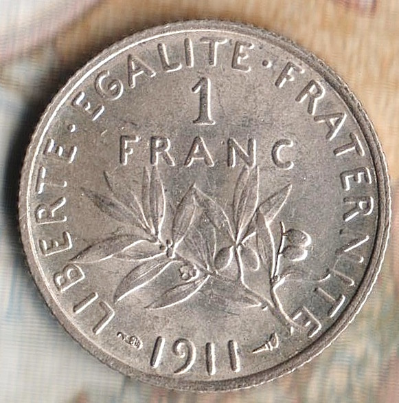 Монета 1 франк. 1911 год, Франция.
