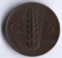 Монета 5 чентезимо. 1929 год, Италия.