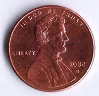Монета 1 цент. 2008(D) год, США.