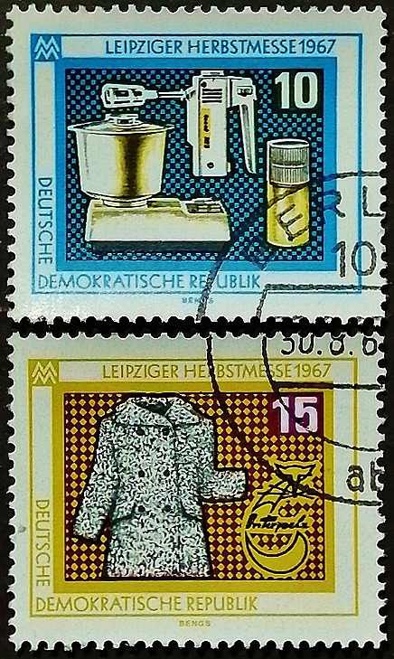 Набор почтовых марок (2 шт.). "Лейпцигская осенняя ярмарка". 1967 год, ГДР.