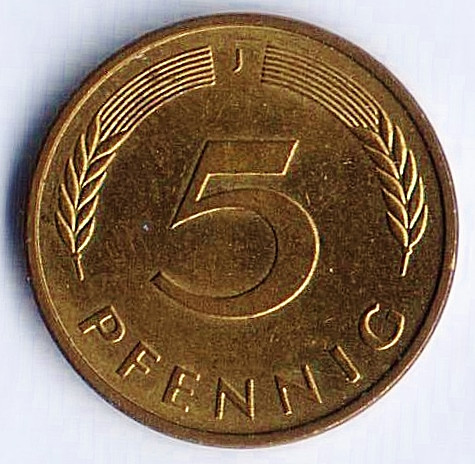 Монета 5 пфеннигов. 1992(J) год, ФРГ.