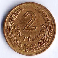 Монета 2 сентесимо. 1960 год, Уругвай.