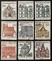 Набор почтовых марок (9 шт.). "Немецкие здания двенадцати веков (малый размер)". 1964-1965 годы, ФРГ.