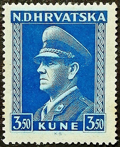 Марка почтовая (3,5 k.). "Анте Павелич". 1944 год, Хорватия.