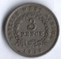 Монета 3 пенса. 1938(KN) год, Британская Западная Африка.