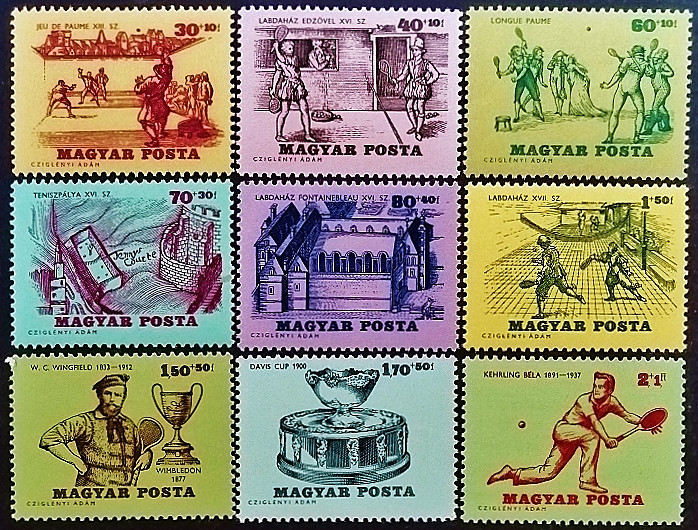 Набор марок (9 шт.). "История тенниса". 1965 год, Венгрия.