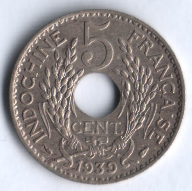 Монета 5 сантимов. 1939(a) год, Французский Индокитай.