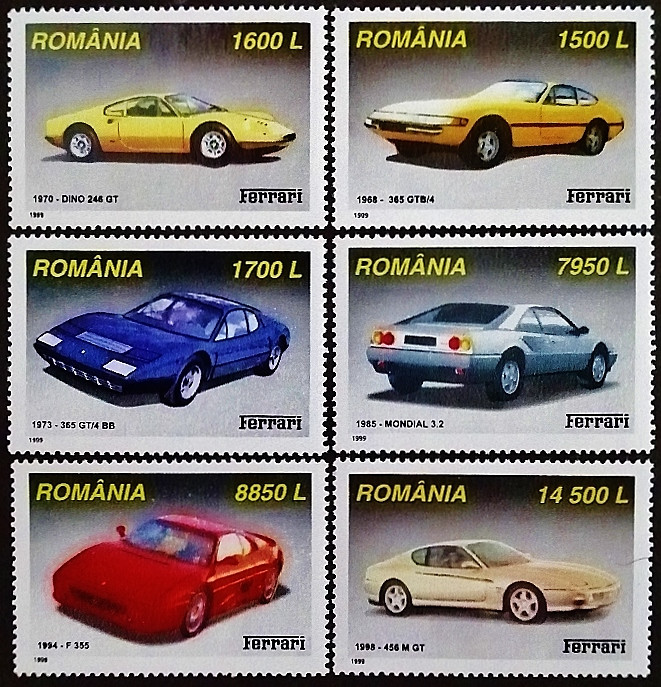 Набор марок (6 шт.). "Феррари". 1999 год, Румыния.