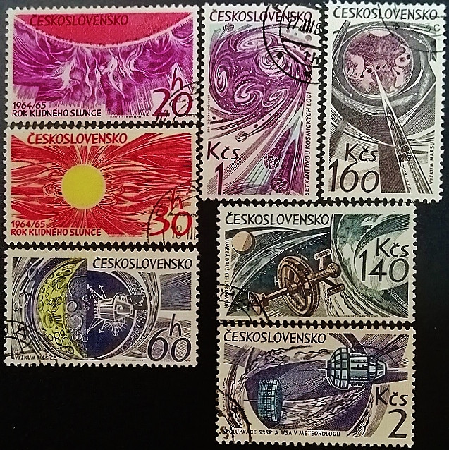 Набор почтовых марок (7 шт.). "Международные космические исследования «Спокойных солнечных лет»". 1965 год, Чехословакия.
