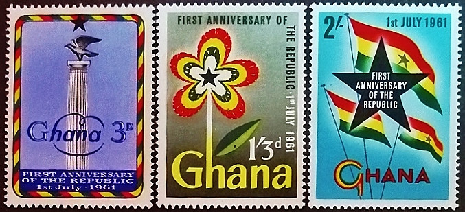 Набор марок (3 шт.). "Первая годовщина Республики". 1961 год, Гана. Набор марок (3 шт.). "Первая годовщина Республики". 1961 год, Гана.