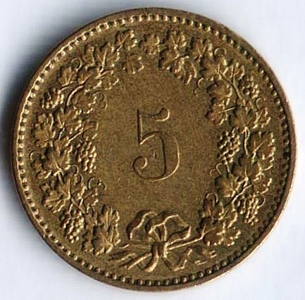 Монета 5 раппенов. 1984 год, Швейцария.