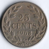 Монета 25 центов. 1968(d) год, Либерия.