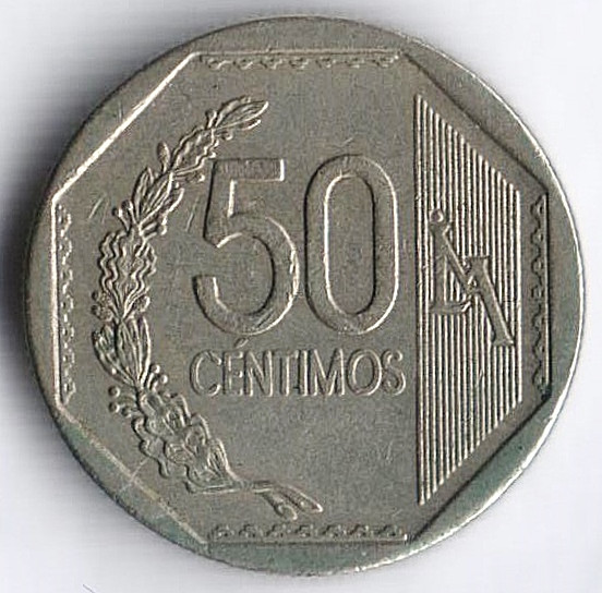 Монета 50 сентимо. 2001 год, Перу.