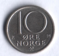 Монета 10 эре. 1985 год, Норвегия.