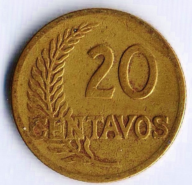 Монета 20 сентаво. 1943 год, Перу.