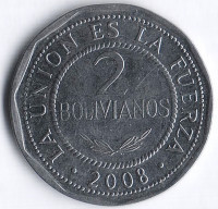 Монета 2 боливиано. 2008 год, Боливия.