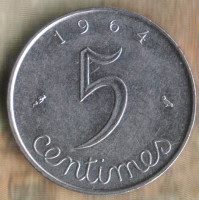 Монета 5 сантимов. 1964 год, Франция.