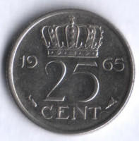 Монета 25 центов. 1965 год, Нидерланды.