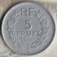 Монета 5 франков. 1947(B) год, Франция. "9" - закрытая.