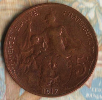 Монета 5 сантимов. 1917 год, Франция.