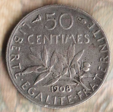 Монета 50 сантимов. 1908 год, Франция.