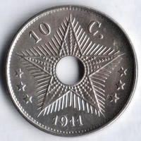 Монета 10 сантимов. 1911 год, Бельгийское Конго.