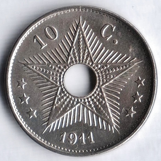 Монета 10 сантимов. 1911 год, Бельгийское Конго. Монета 10 сантимов. 1911 год, Бельгийское Конго.