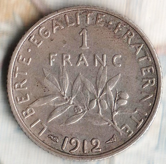 Монета 1 франк. 1912 год, Франция.