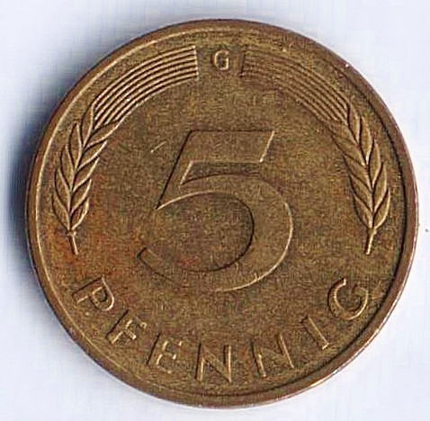 Монета 5 пфеннигов. 1993(G) год, ФРГ.