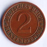 Монета 2 рентенпфеннига. 1924 год (F), Веймарская республика.