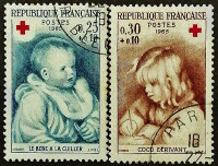Набор почтовых марок (2 шт.). "Красный крест - Живопись". 1965 год, Франция.