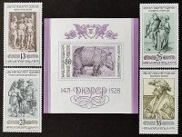 Набор почтовых марок (4 шт.) с блоком. "450 лет со дня смерти Альбрехта Дюрера". 1979 год, Болгария.