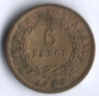 Монета 6 пенсов. 1943 год, Британская Западная Африка.