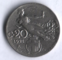 Монета 20 чентезимо. 1921 год, Италия.