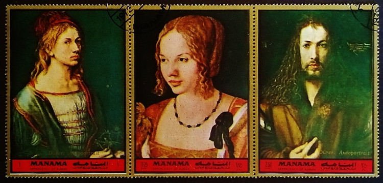 Набор марок (3 шт.) с блоком. "Картины Альбрехта Дюрера". 1972 год, Манама.