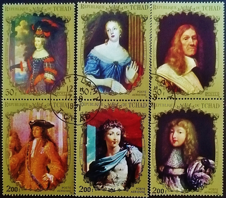 Набор почтовых марок (6 шт.). "Короли и видные деятели французского двора". 1971 год, Чад. Набор почтовых марок (6 шт.). "Короли и видные деятели французского двора". 1971 год, Чад.
