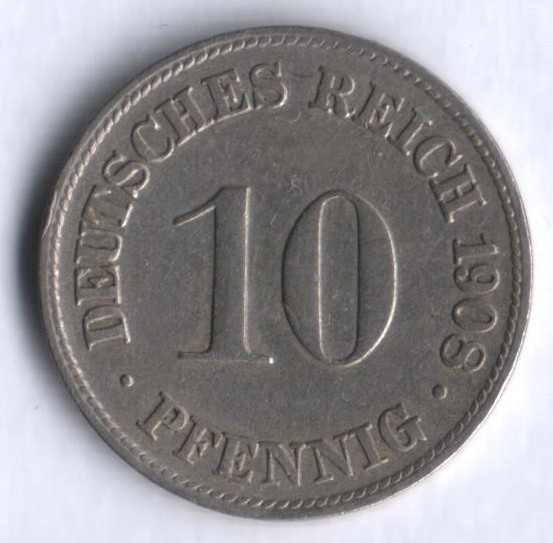 Монета 10 пфеннигов. 1908 год (D), Германская империя.