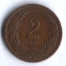 Монета 2 филлера. 1894 год, Венгрия.