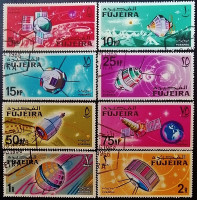 Набор почтовых марок (8 шт.). "Исследование и использование космического пространства". 1966 год, Фуджейра.