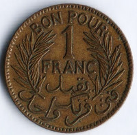 Монета 1 франк. 1921 год, Тунис (протекторат Франции).