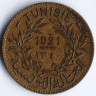 Монета 1 франк. 1921 год, Тунис (протекторат Франции).